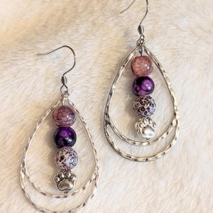 Dog/Cat Paw Purple Beaded Hammered Teardrop Hook Earrings, Silver - - LadybugfeetDesigns -