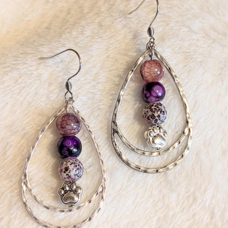 Dog/Cat Paw Purple Beaded Hammered Teardrop Hook Earrings, Silver - - LadybugfeetDesigns -