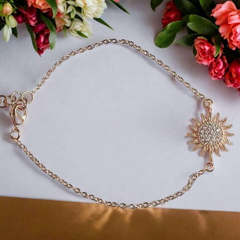 CZ Diamond Starburst Sun Rose Gold Chain Bracelet - - LadybugfeetDesigns -