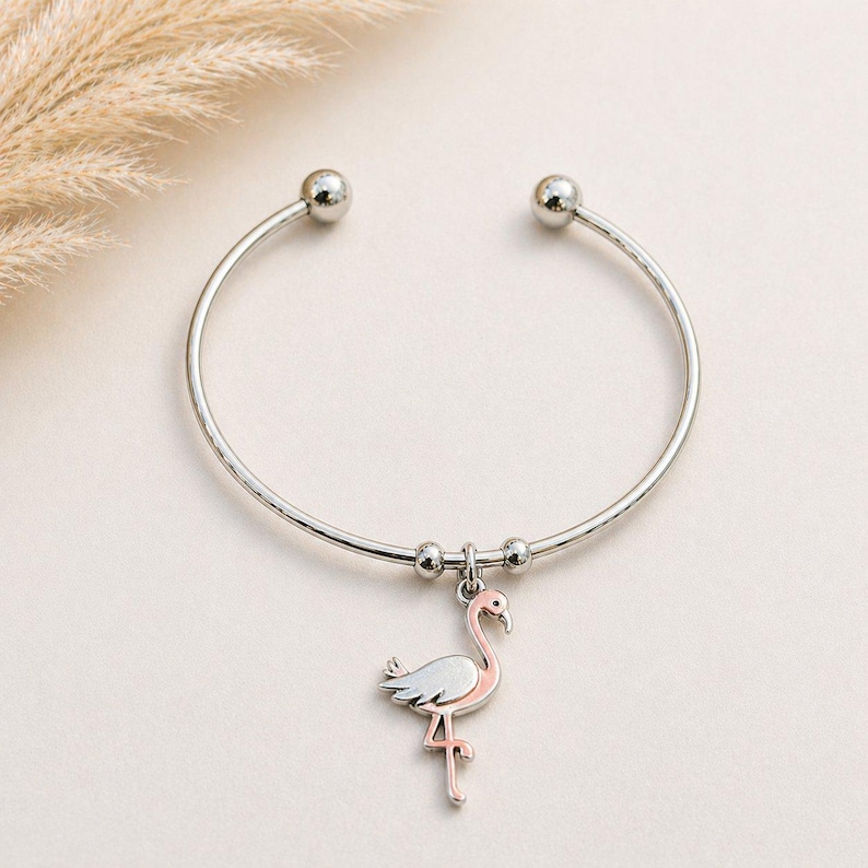 Flamingo Euro Bangle Cuff, Silver - - LadybugfeetDesigns -