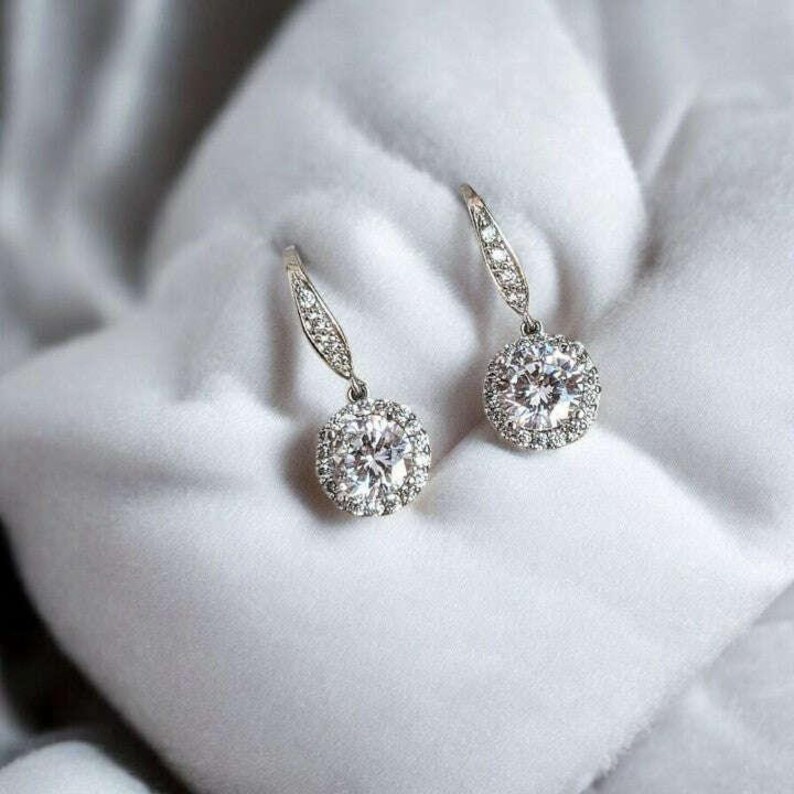 CZ Diamond Halo Earrings-APRIL Birthstone-Wedding Jewelry - - LadybugfeetDesigns -