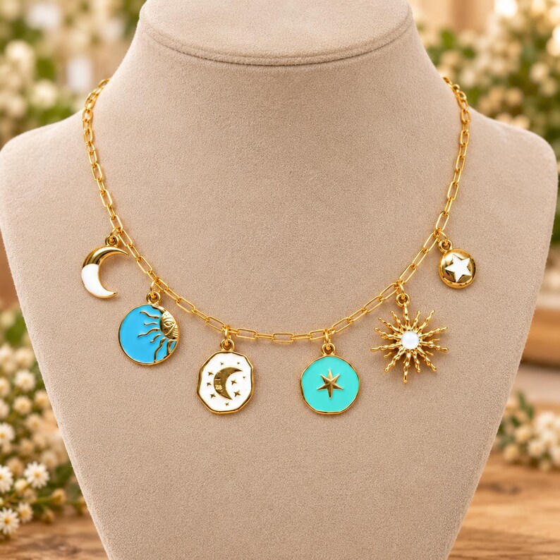 Celestial Multi Charm Link Necklace, Gold- 20 inch - - LadybugfeetDesigns -