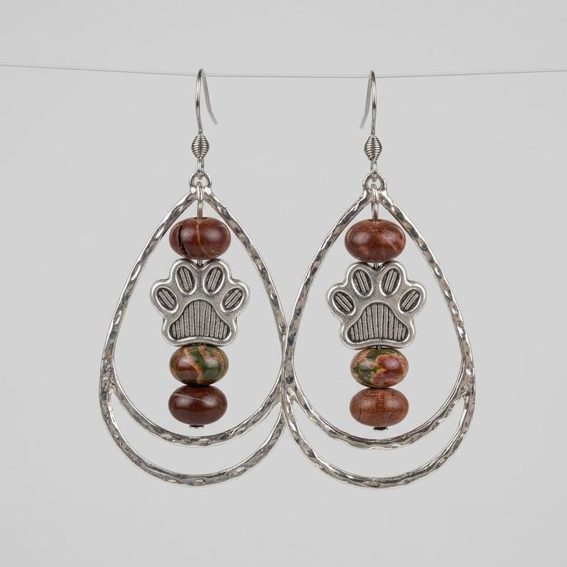 Dog/Cat Paw Print Red Bead Hammered Teardrop Hook Earrings, Silver - - LadybugfeetDesigns -