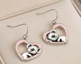 Rustic Koala Bear Heart Earrings, Silver