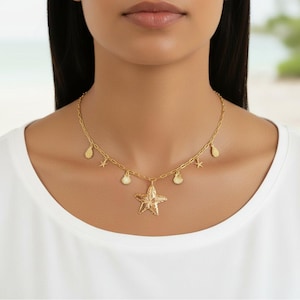 Beach Vibes Multi Charm Link Necklace, Gold- 20 inch - - LadybugfeetDesigns -