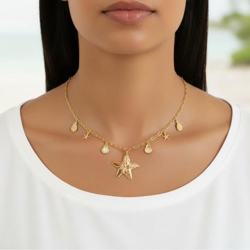 Beach Vibes Multi Charm Link Necklace, Gold- 20 inch - - LadybugfeetDesigns -