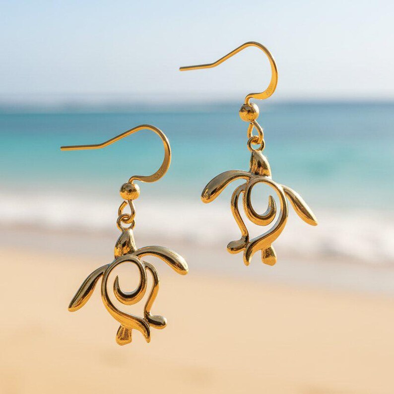 Sea Turtle Hook Earrings, Gold - - LadybugfeetDesigns -