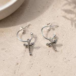 Tiny Dragonfly Mini Hoop Huggie Earrings, Silver- 12mm - - LadybugfeetDesigns -