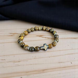 Tiger's Eye Beaded Cross Stretch Bracelet-UNISEX - - LadybugfeetDesigns -