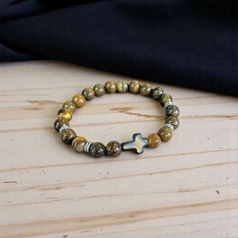 Tiger's Eye Beaded Cross Stretch Bracelet-UNISEX - - LadybugfeetDesigns -