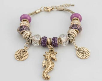 Seahorse European beaded bracelet, Silver