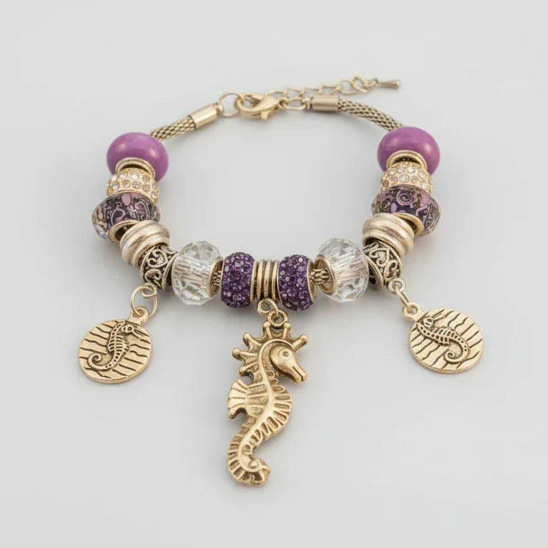 Seahorse European beaded bracelet, Silver - - LadybugfeetDesigns -