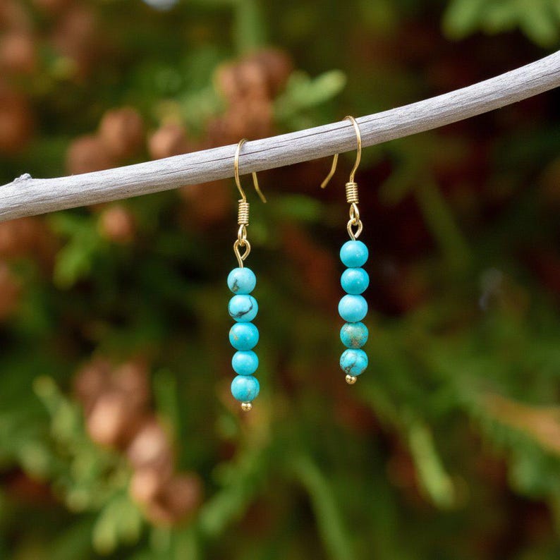 Turquoise Beaded Hook Earrings, Gold - - LadybugfeetDesigns -