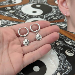 Yin Yang Huggie Hoop earrings, Silver - 12mm - - LadybugfeetDesigns -