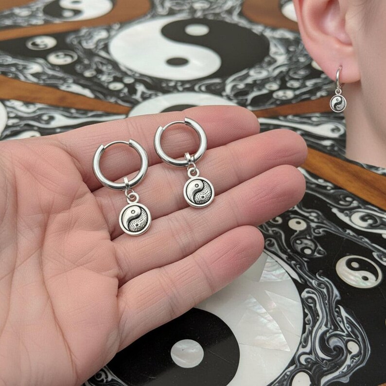 Yin Yang Huggie Hoop earrings, Silver - 12mm - - LadybugfeetDesigns -