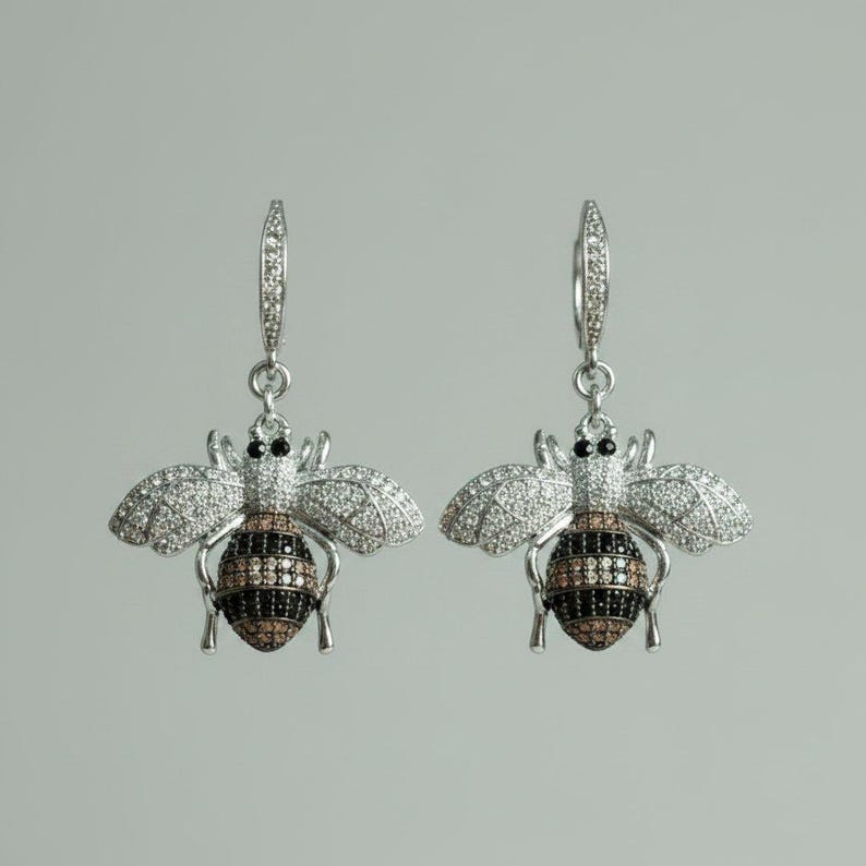 Rhinestone Honeybee Sterling Silver Earrings - - LadybugfeetDesigns -