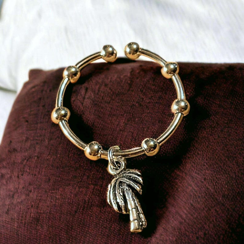 Sterling Silver Palm Tree Adjustable Charm Ring - - LadybugfeetDesigns -