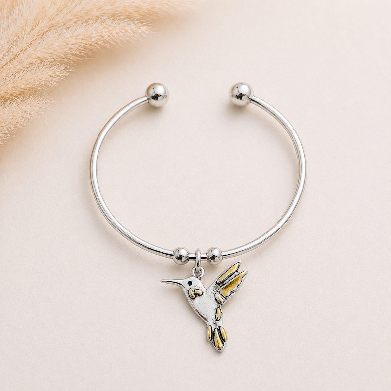 Hummingbird Euro Bangle Cuff, Silver - - LadybugfeetDesigns -