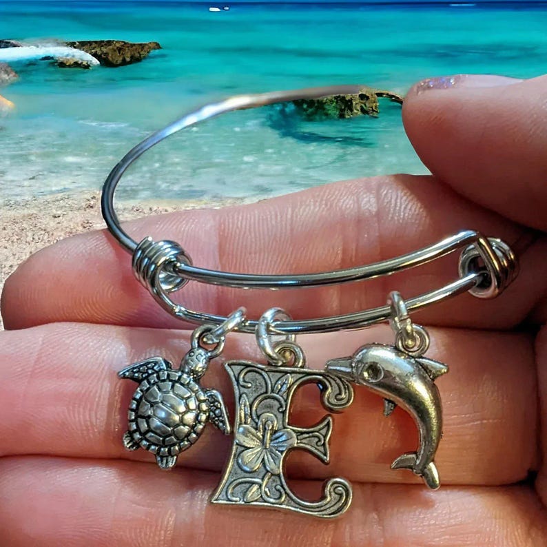 Beach - Initial,Dolphin, Sea Turtle, CHILD'S Bangle bracelet - - LadybugfeetDesigns -