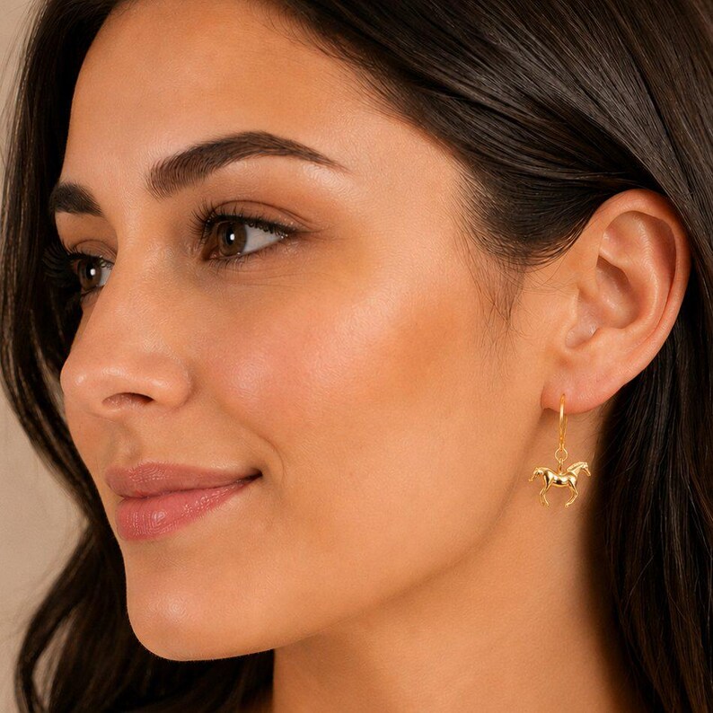 Horse dangle earrings, Gold - - LadybugfeetDesigns -