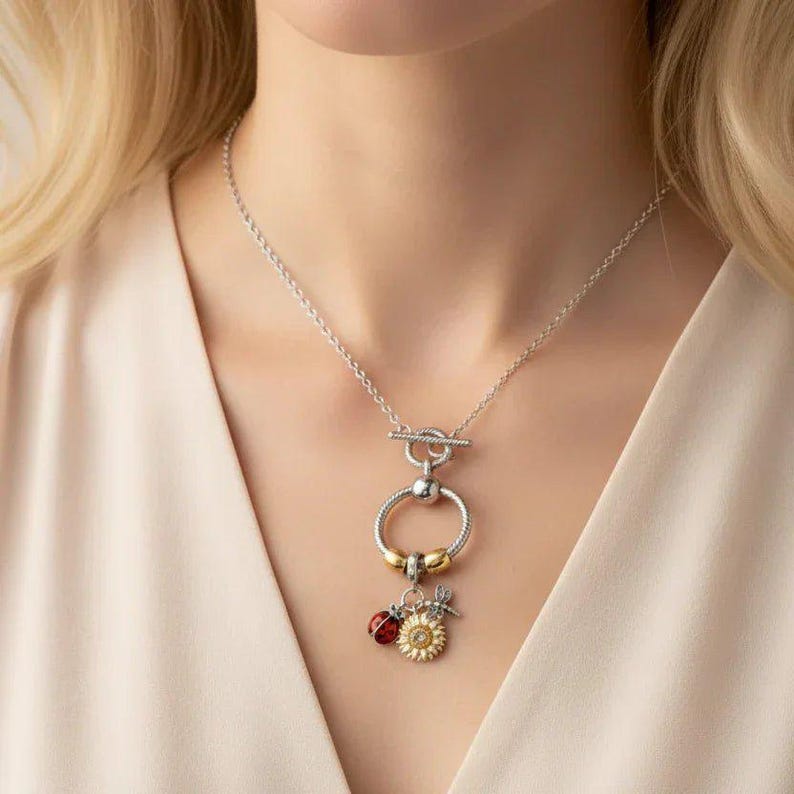 Garden Party Sterling Silver Toggle Charm Necklace, 20 inches - - LadybugfeetDesigns -