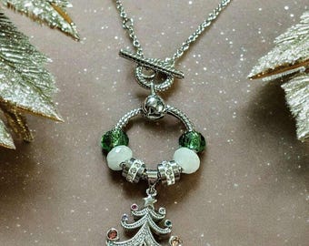 Christmas Tree Sterling Silver Toggle Charm Necklace, 20 inches