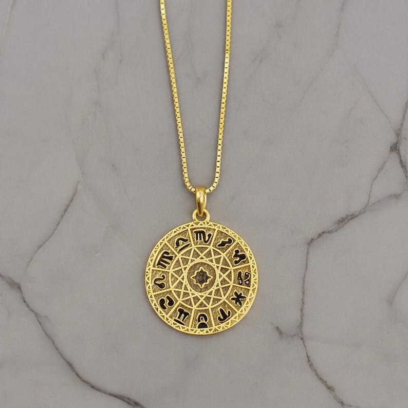 Zodiac Wheel Chart necklace, Gold - adjustable up to 24 inches - - LadybugfeetDesigns -