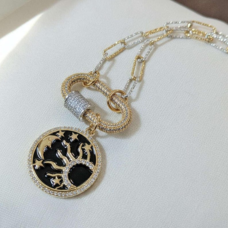 Black Enamel Celestial Pendant Carabiner Necklace, Gold/Silver - 20 inch - - LadybugfeetDesigns -