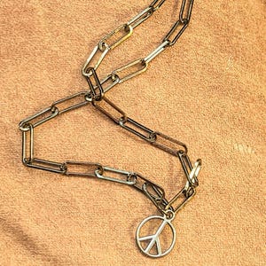 Black Gunmetal Peace Sign charm necklace, up to 24 inch - Unisex - - LadybugfeetDesigns -
