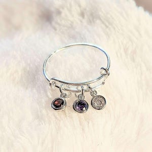 Mother's Birthstone Charm Ring, Adjustable .925 Sterling Silver - - LadybugfeetDesigns -