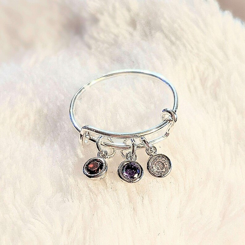 Mother's Birthstone Charm Ring, Adjustable .925 Sterling Silver - - LadybugfeetDesigns -