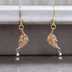 Peacock Crystal Feather Rose Gold dangle earrings - - LadybugfeetDesigns -