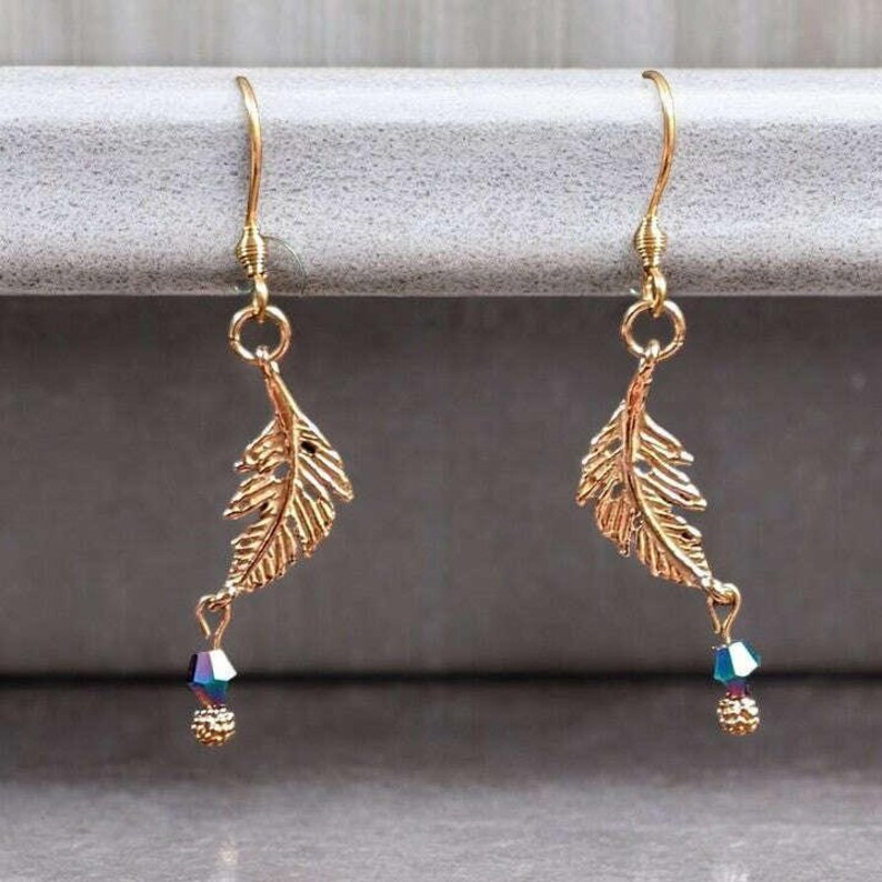 Peacock Crystal Feather Rose Gold dangle earrings - - LadybugfeetDesigns -