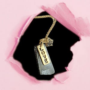 Gold Love Tag necklace, 24 inch - - LadybugfeetDesigns -