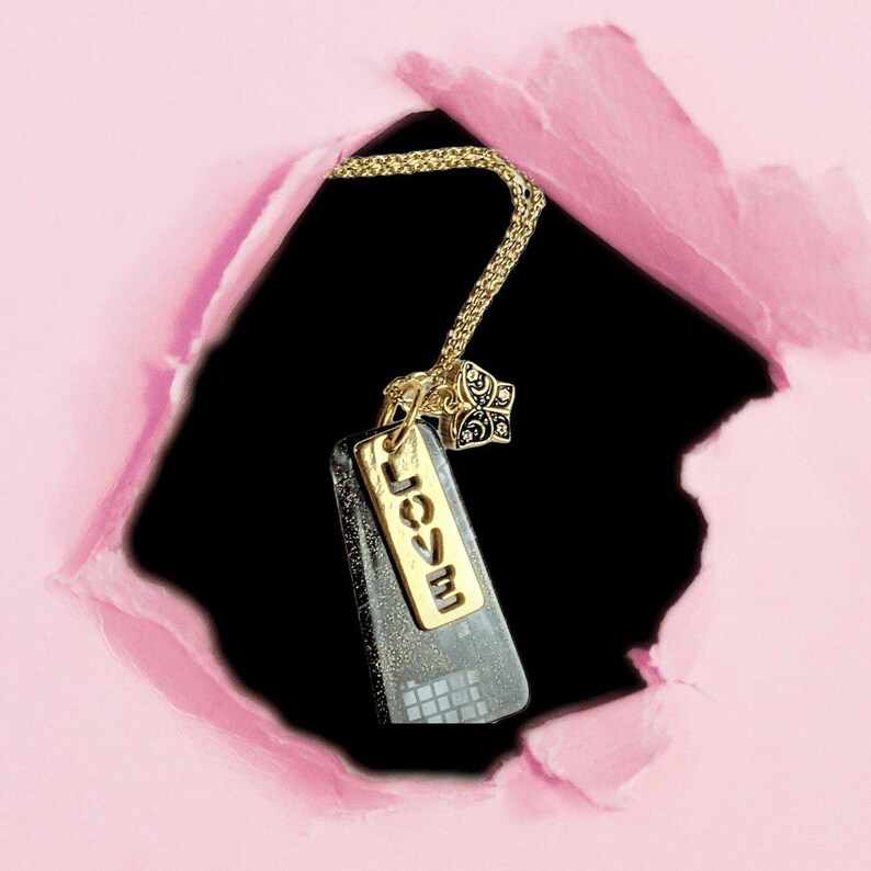 Gold Love Tag necklace, 24 inch - - LadybugfeetDesigns -