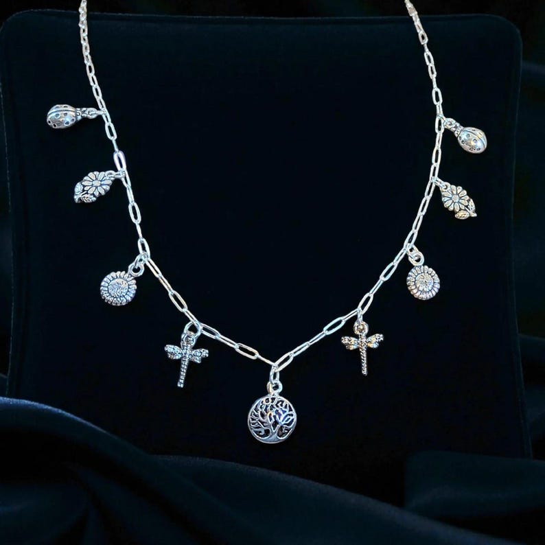 Nature Lover Multi Charm Link Necklace, .925 Sterling Silver - 20 inch - - LadybugfeetDesigns -