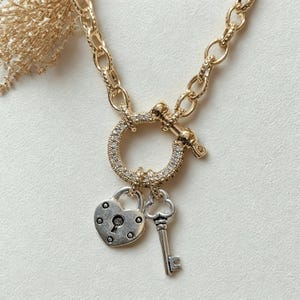 Heart Lock and Key Shackle Clasp Carabiner Necklace, Gold - Adjusts up to 20 inches - - LadybugfeetDesigns -