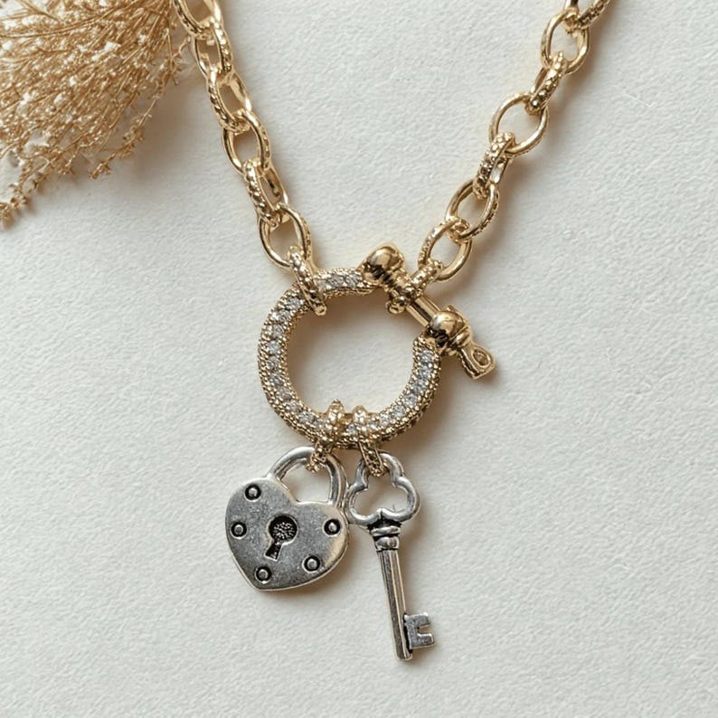 Heart Lock and Key Shackle Clasp Carabiner Necklace, Gold - Adjusts up to 20 inches - - LadybugfeetDesigns -