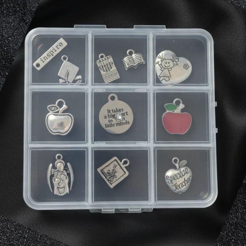 Teacher Charm Box - 11 pc., Silver - - LadybugfeetDesigns -
