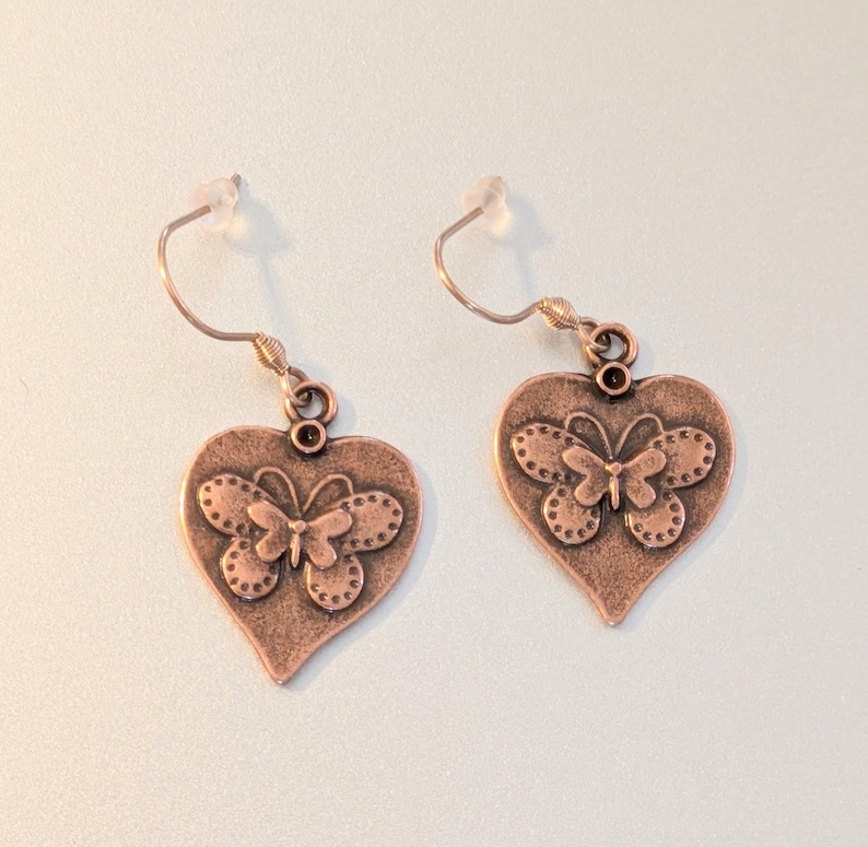 Butterfly Heart dangle earrings, Copper/Rose Gold - - LadybugfeetDesigns -
