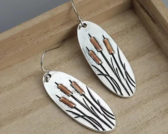 Rustic Cattail/Foxtail Hook Earrings, Silver