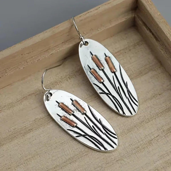 Rustic Cattail/Foxtail Hook Earrings, Silver