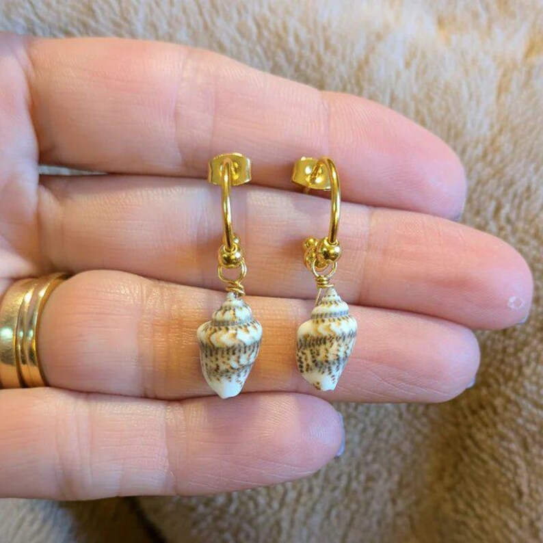 Genuine Conch Shell Hoop Earrings, Gold - 16mm - - LadybugfeetDesigns -