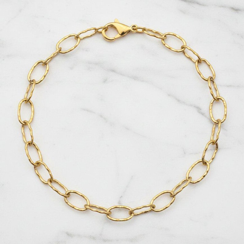 14K Gold PVD Plated Hammered Stainless Steel Charm Bracelet Base - D.i.y. - Build Your Charm Bracelet! - - LadybugfeetDesigns -