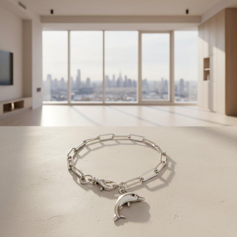 Dolphin Stainless Steel Paperclip Chain Bracelet, Silver - - LadybugfeetDesigns -