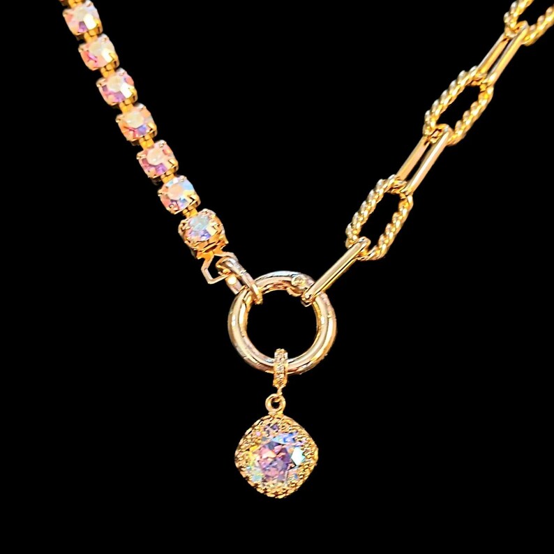 Gold Paperclip Layered Faceted Crystal Bracelet - - LadybugfeetDesigns -