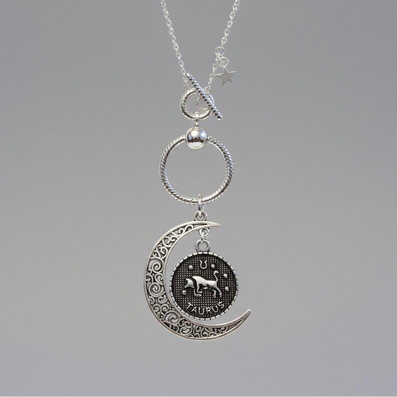 Crescent Moon Zodiac Sign Necklace, Silver - 20 inch - - LadybugfeetDesigns -