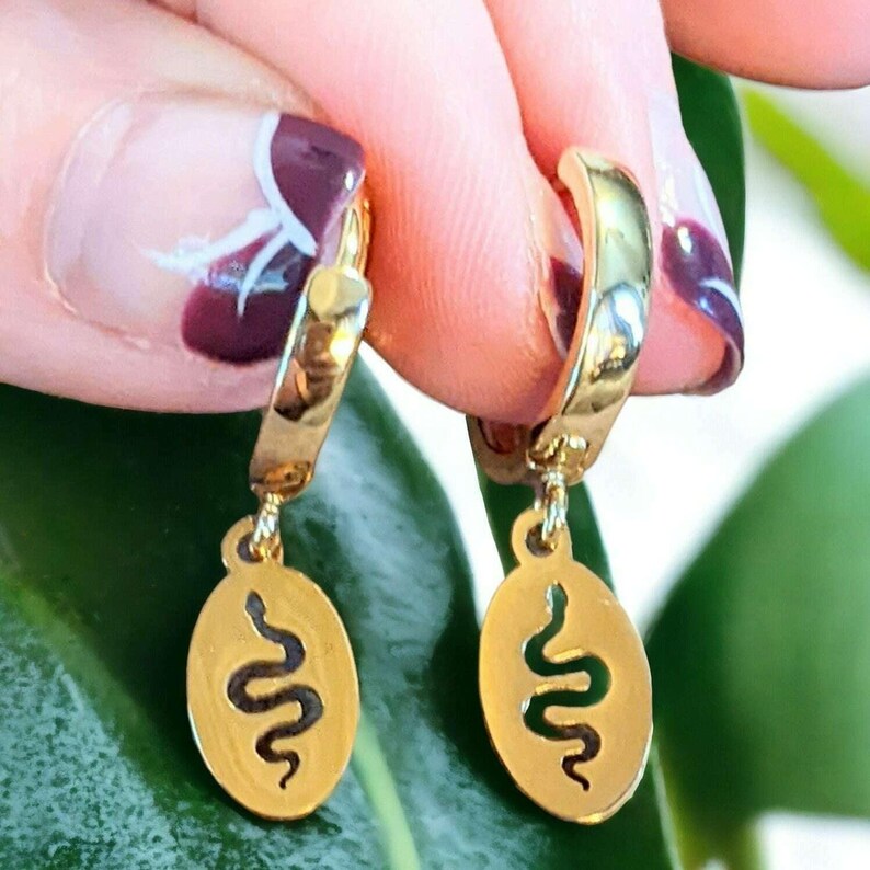 Gold Snake Hoop earrings, 16mm Hoop Drop - - LadybugfeetDesigns -