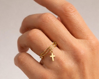 Bague à breloques extensible Petite croix, or