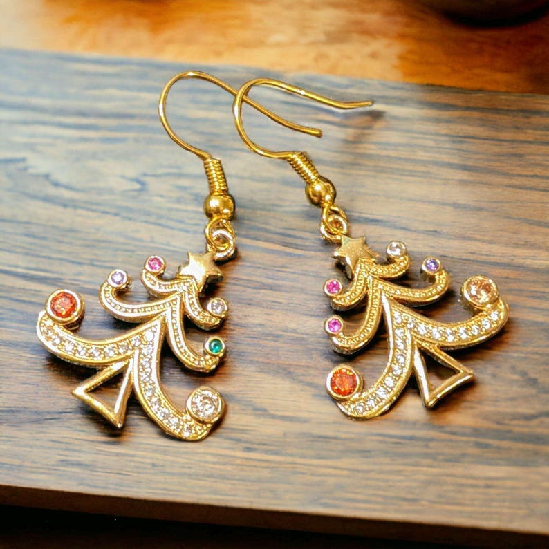 Rhinestone Christmas Tree dangle earrings - - LadybugfeetDesigns -